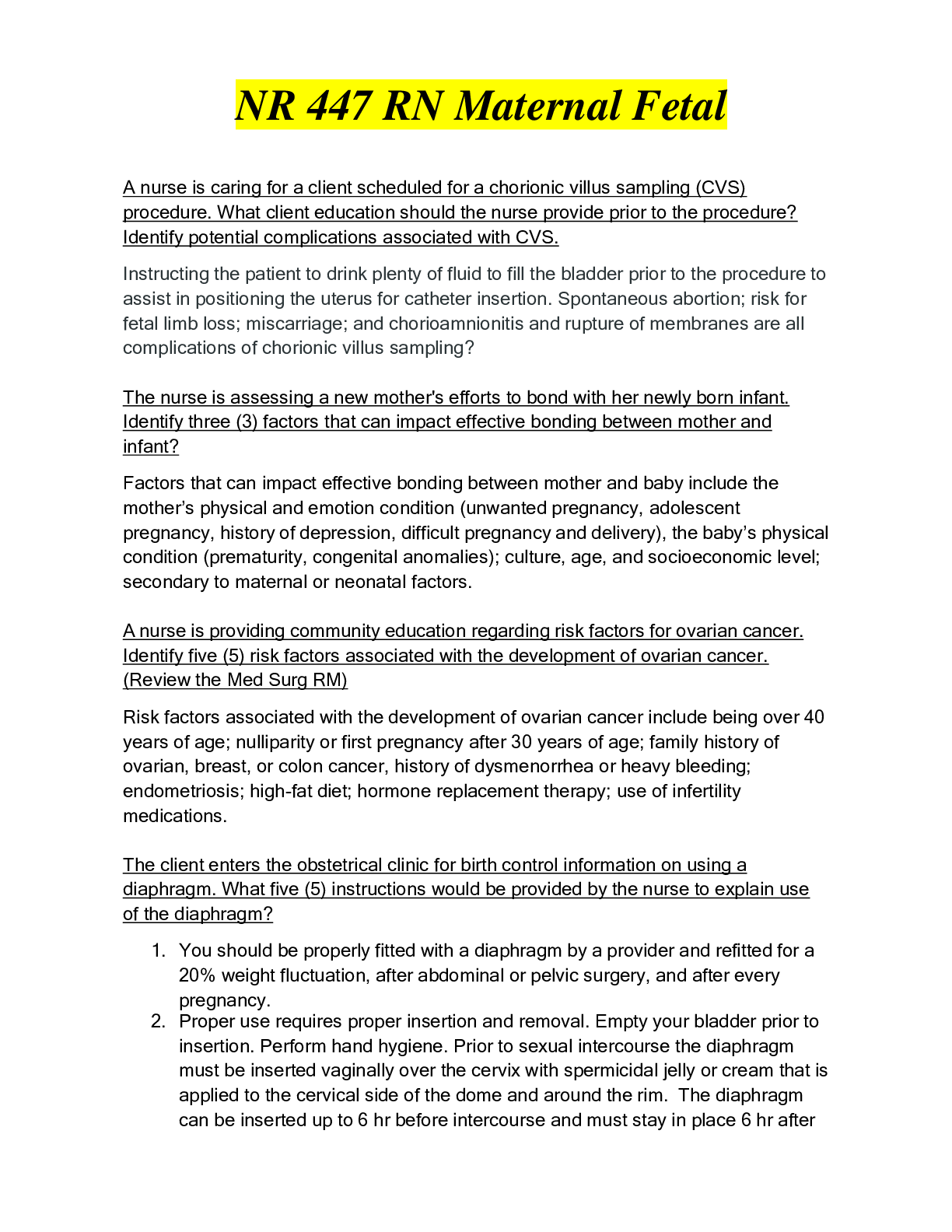 Preview image for Chamberlain College of Nursing | NR 447 RN Maternal Fetal, answered